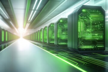 Obraz premium Futuristic Data Center with Neon Green Circuitry, Digital Technology Infrastructure and Servers in a High-Tech Environment, Reflecting Innovation and Modern Computing