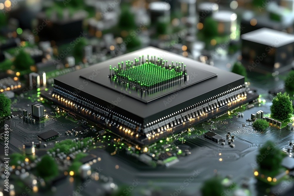 Aufkleber close-up view of a modern microprocessor chip surrounded by green elements, circuit board, and futur
