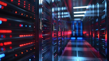 Fototapeta premium A close-up of a server rack in a data center, with red and blue lights glowing.