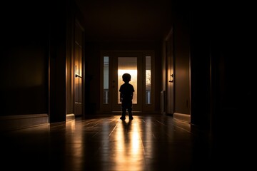 Obraz premium Une silhouette d'homme de dos qui marche sur une route seul avec des nuages sombre - generative AI. Beautiful simple AI generated image