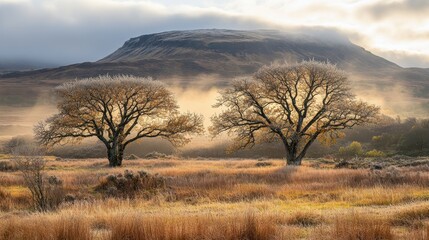 Obraz premium Two frost-covered trees in a meadow at sunrise, with a mountain in the background.