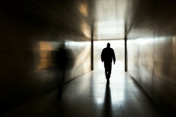 Une silhouette d'homme de dos qui marche sur une route seul avec des nuages sombre - generative AI. Beautiful simple AI generated image