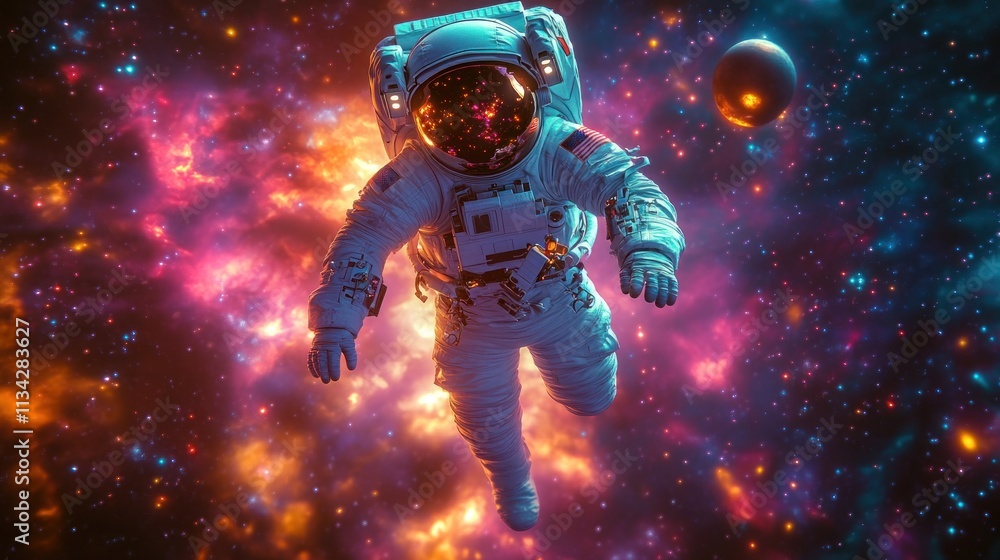 Poster an astronaut floating in a colorful cosmic background filled with stars and nebulae.