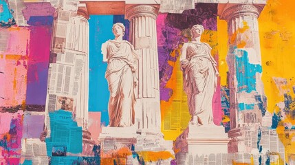 vibrant pop art collage depicting ancient Greek architecture and classical antique statues intertwined with colorful newspaper fragments. Tourist postcard, with historical details with modern art.
