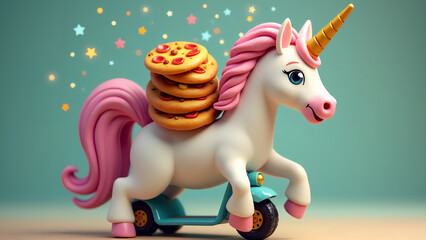 Ein glitzerndes Einhorn, das auf einem winzigen Roller fährt und einen Stapel Pizzen unsicher auf dem Rücken balanciert