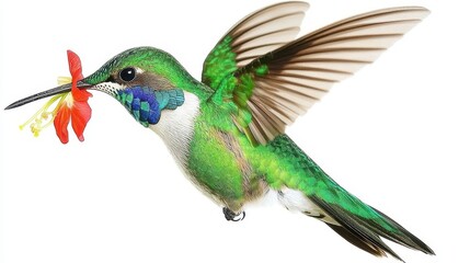 Obraz premium Vibrant hummingbird in flight, holding a flower.