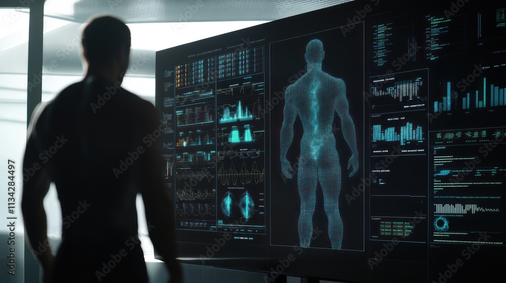 Poster man viewing 3d human body scan and health data on large screen.