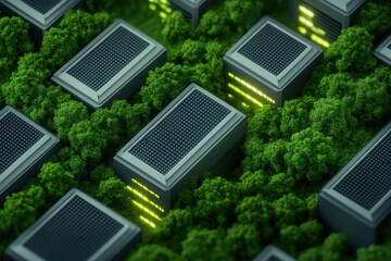 Fototapeta premium Aerial View of Solar-Powered Buildings Nestled Among Dense Green Forest, Emphasizing Renewable Energy and Sustainable Living Concepts in Urban Development
