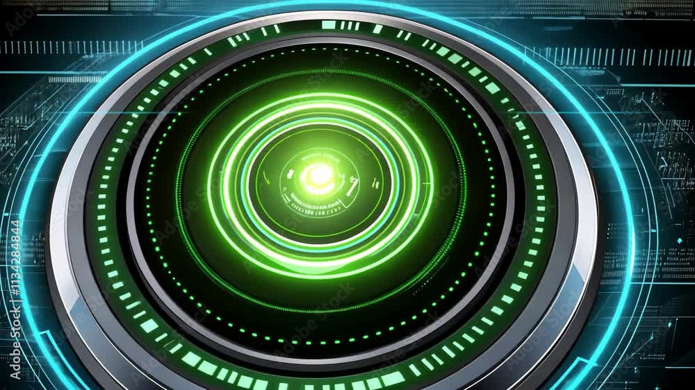 Poster futuristic circular design featuring glowing green light and digital patterns in a high-tech environ