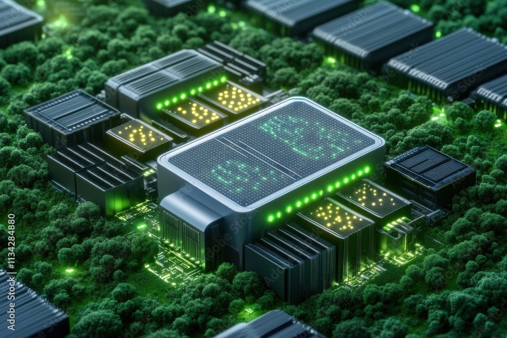 Aufkleber futuristic technology concept showcasing a central processing unit surrounded by lush greenery, high