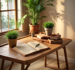 Fototapeta premium A bamboo wood table with a large book and a few potted plants, leather bound book, wooden furniture