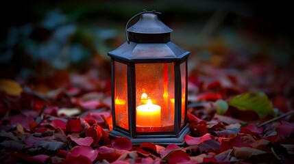 Glowing lantern amidst autumn leaves.