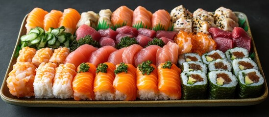 Large platter of assorted sushi, including nigiri, maki, and sashimi.