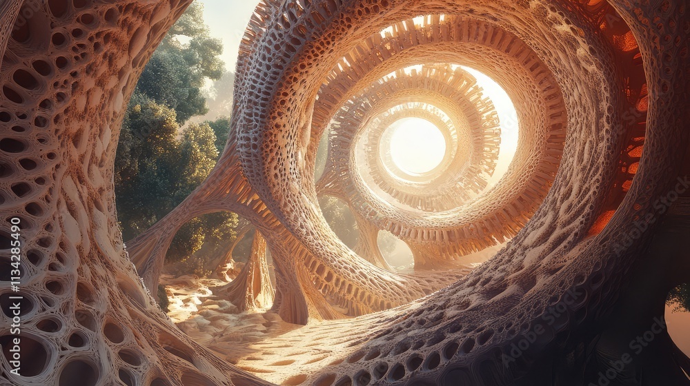 Poster a large fractal-inspired monument, with spirals and geometric shapes intertwining to create an optic
