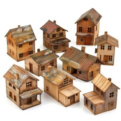 Collection of miniature wooden houses creating a charming small town or village scene, perfect for architectural models, dioramas, or decorative displays