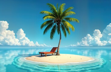 Fototapeta premium Peaceful tropical island paradise features tranquil turquoise ocean water, single palm tree stands tall on sandy beach. Comfortable red chaise lounge situated beneath shade of palm tree. Sunny day