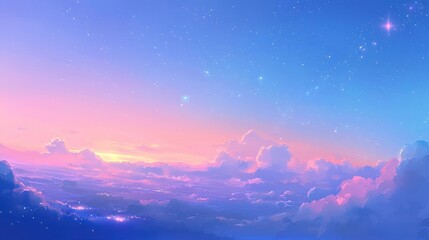 A cosmic galaxy-themed background showcasing a vast expanse of space filled with shimmering stars, glowing nebulae, and swirling clouds of blue and purple. A faint Milky Way streaks across the 