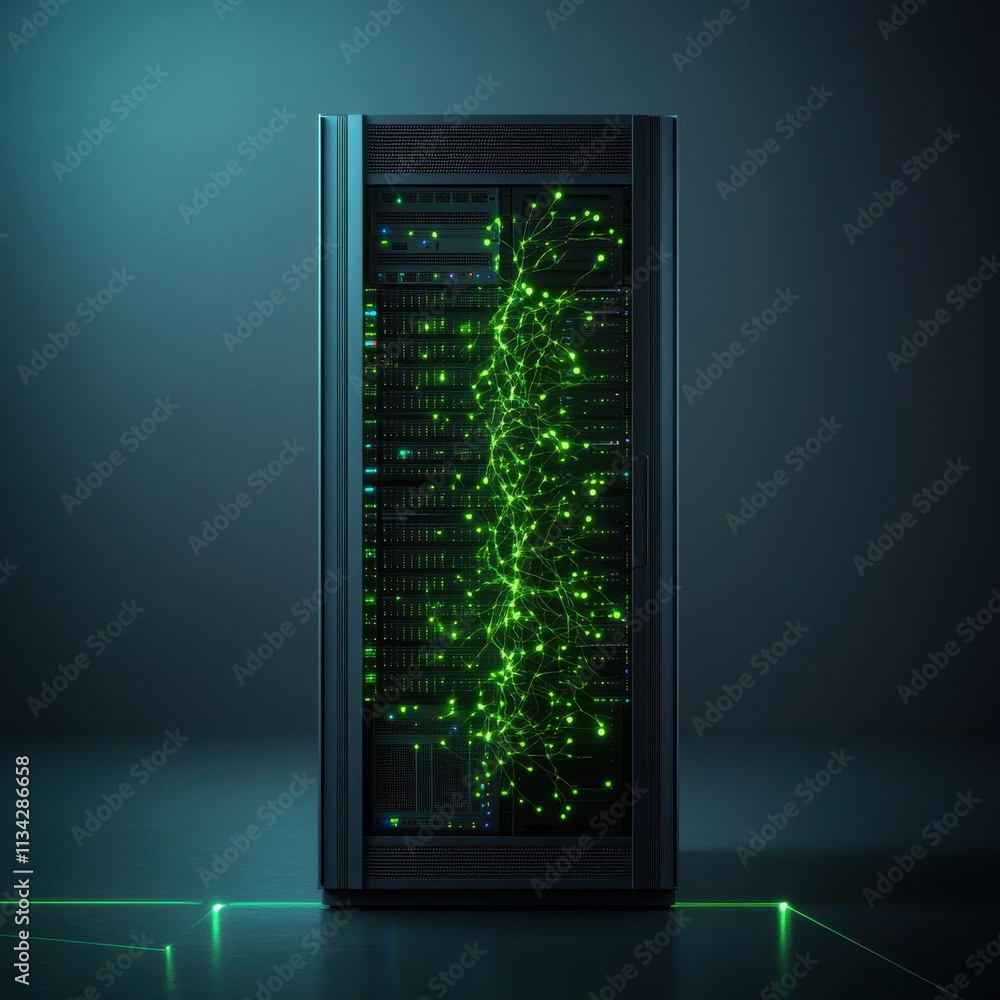 Poster futuristic data server with vibrant green connections reflecting advanced technology and network inn