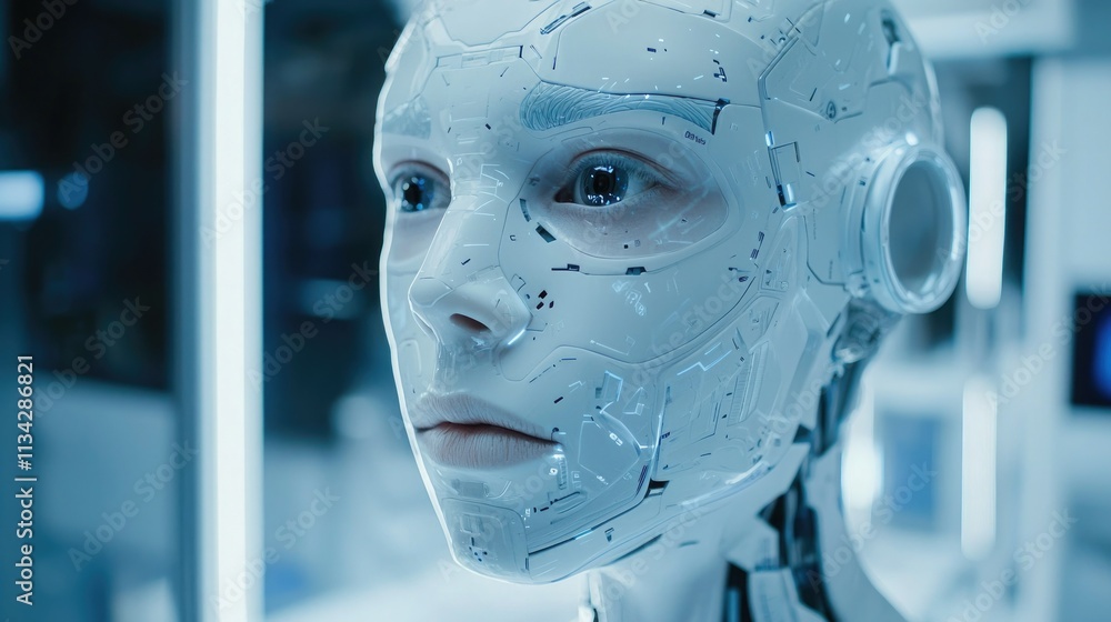 Poster a sleek, white ai robot's face with advanced sensors, displaying an expressionless but highly intell