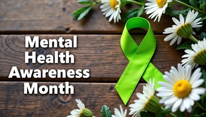 Lime green awareness ribbon sits on wooden planks with white daisies. Mental health awareness month concept. Support mental health. Positive message for wellbeing. Focus on mental health issues. Use