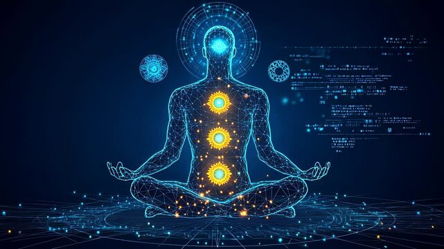 Enlightenment: digital visualization of meditating human with energy centers illuminated