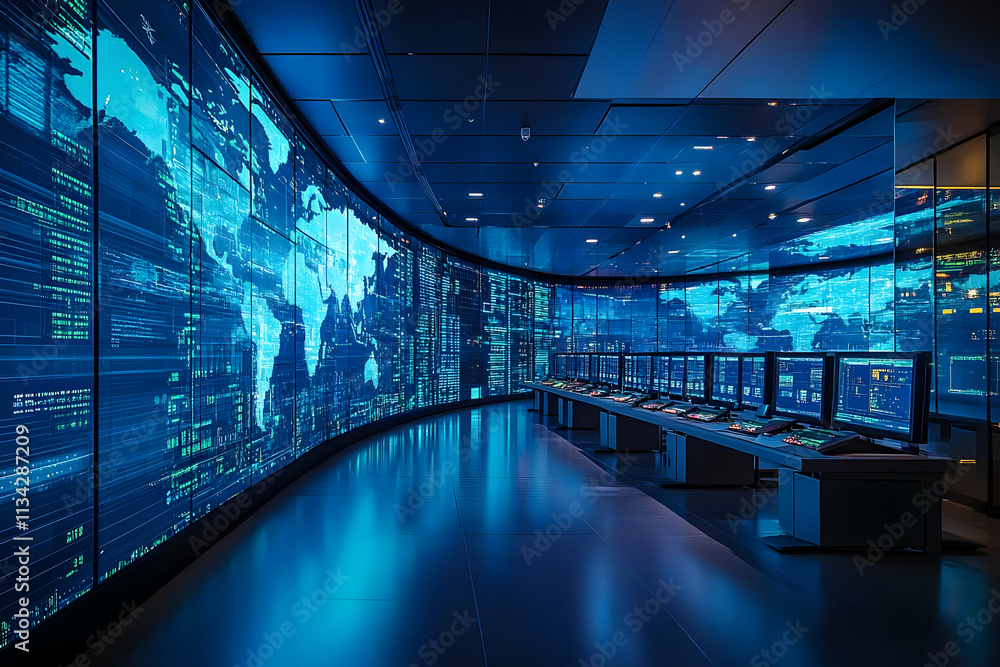 Poster a modern control room with screens displaying data and a global map.