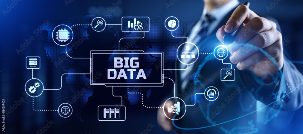 Poster big data analysis analytics internet technology concept. businessman pressing button on screen.