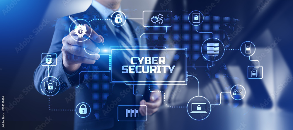 Poster cyber security access control data protection personal information privacy concept. businessman pres