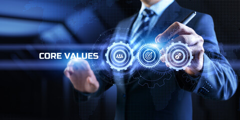 Core values Responsibility Innovation. Businessman pressing button on screen.