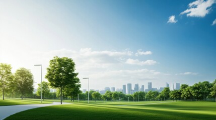 Naklejka premium Serene Urban Park Landscape with Lush Green Grass, Majestic Trees, and a Clear Blue Sky Overlooking a Modern City Skyline
