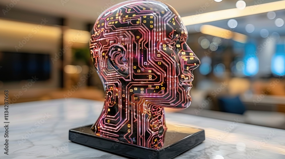 Poster a translucent head sculpture with circuit patterns, symbolizing technology and artificial intelligen