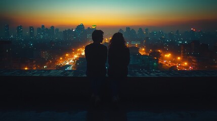 Fototapeta premium A couple sits together, silhouetted against a vibrant city skyline at sunset.