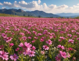Fototapeta premium A field of pink wildflowers swaying gently in the breeze with a sunny sky above, movement, wildflower, sun