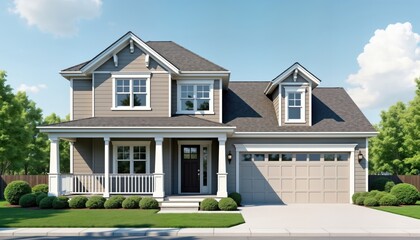 Gray house with covered veranda, garage. Modern home design with classic touch. Landscaped front yard with bushes, grass. Ideal for real estate agents, homebuyers. Suburban residence in sunny day.