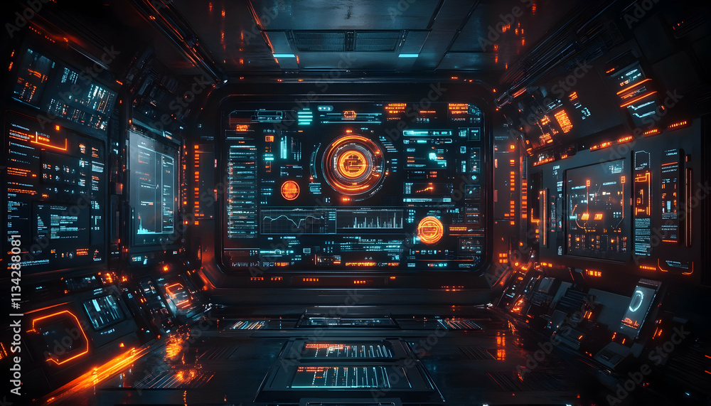 Poster futuristic control room filled with glowing interfaces and data displays.