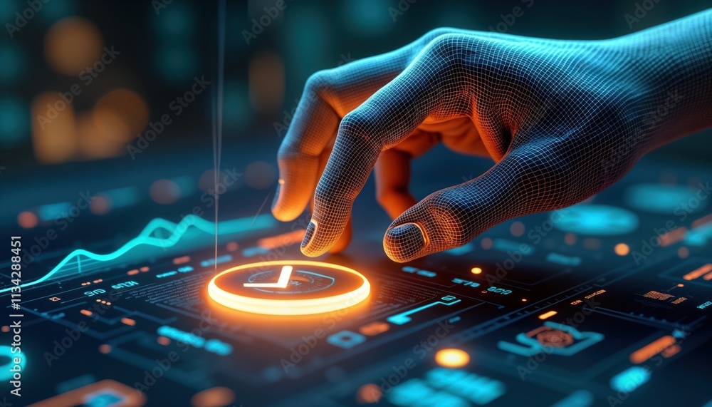 Aufkleber Futuristic interface shows software development lifecycle. Hand interacts with tech display. Testing phases like alpha, beta shown. Release phase indicated. Modern software development lifecycle