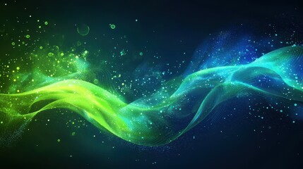 A luminous background featuring flowing waves of electric green and bright cyan blending into deep royal blue. The sharp contrast and glowing highlights create a striking, high-energy visual. 