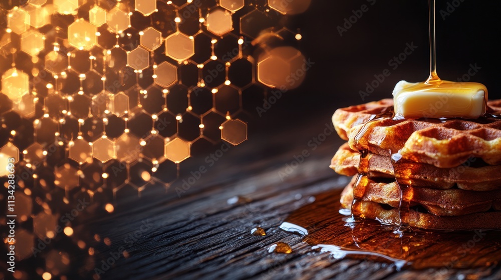 Poster a stack of waffles drizzled with syrup and topped with butter, set against a textured background.
