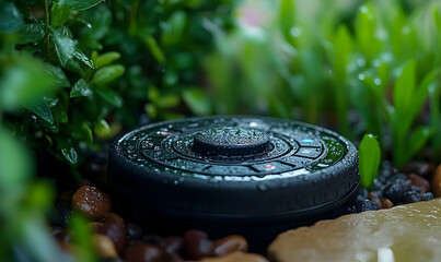 A black circular device sits on wet stones amidst green plants, suggesting an outdoor setting.