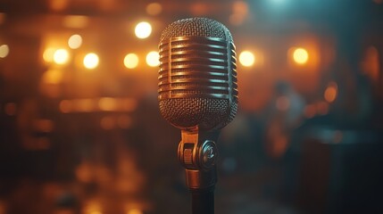A vintage microphone stands in a dimly lit venue, ready for a performance.