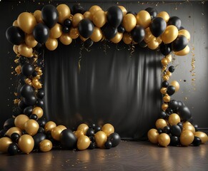 Naklejka premium A wall covered with black and gold balloons and streamers with a large banner behind the wall, balloon garland, black