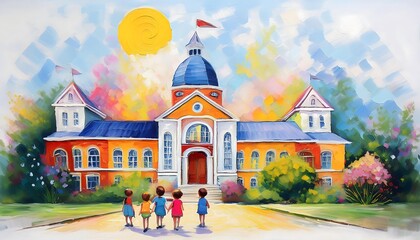Obraz premium Colorful school building with children in front.