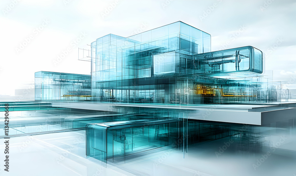 Poster modern architectural design featuring transparent structures and industrial elements.