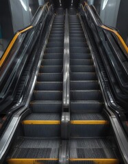 Bottom step of an empty escalator with no railing, flat floor, steps, ground level