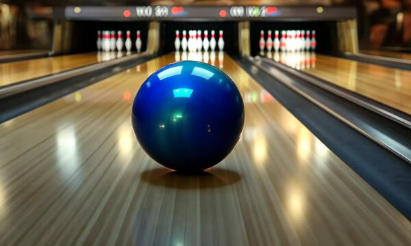 Blue bowling ball on a polished wooden lane in a bowling alley.