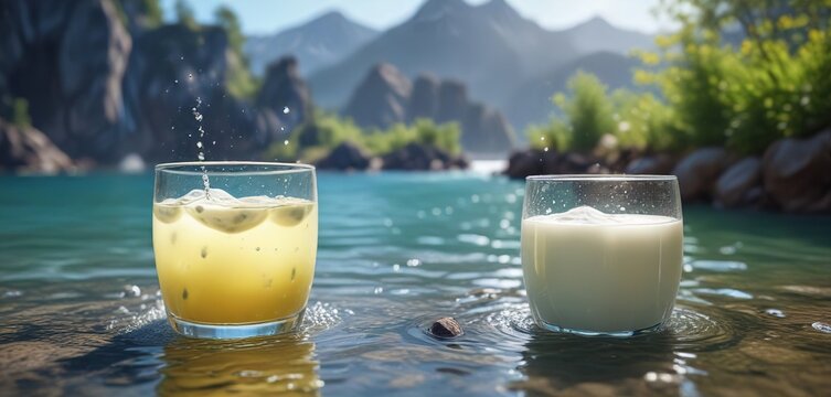 Beine im Wasser mit Milchschaum und Wassertropfen, feuchtigkeit, milch beim baden