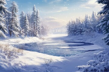 Obraz premium Serene winter landscape with a snow-covered river flowing through a pine forest under a bright, clear sky.