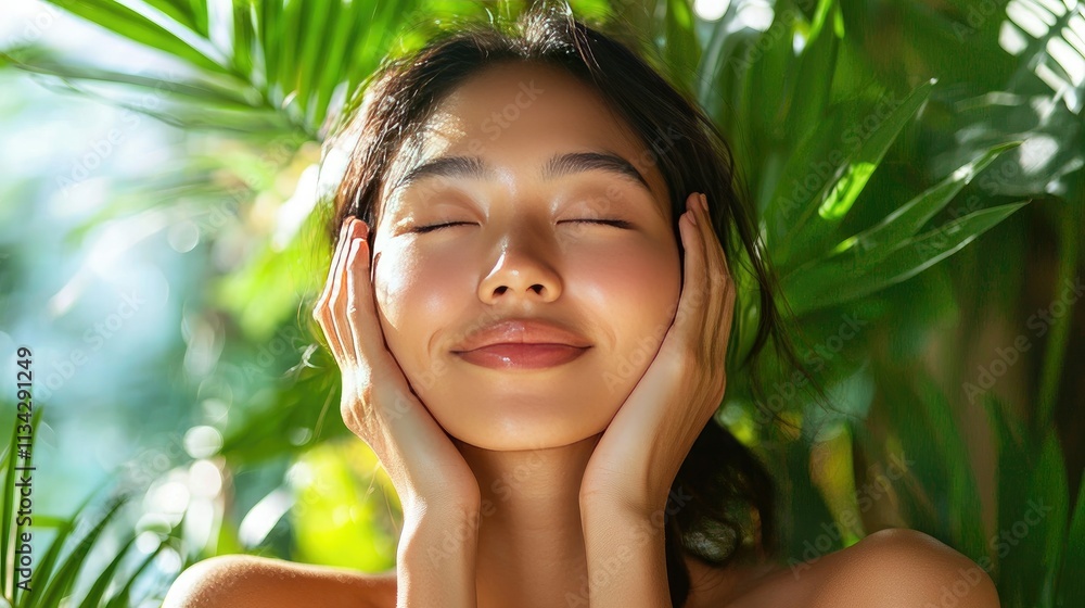 Poster an asian model in a relaxed pose, using a skincare product, highlighting a simple and natural skinca