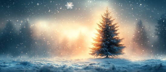 Naklejka premium Snowy winter landscape with a single fir tree in a golden sunrise.
