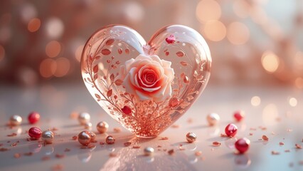 Romantic glass heart filled with a pink rose, metallic rose-gold branches, and pearls, resting on a glowing surface with soft, warm highlights, generative, ai